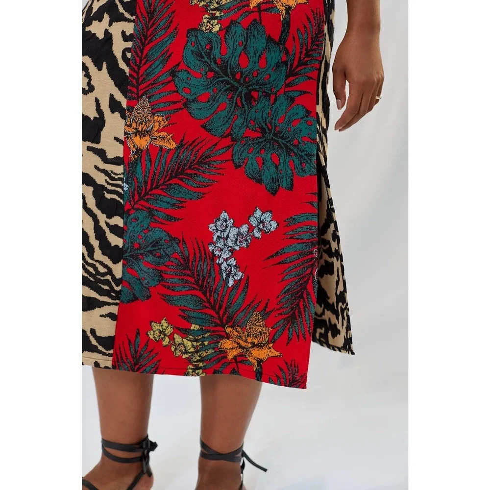 Anthropologie | Red and Black Contrast Sweater Safari Patterned Midi Skirt ~ XL - Picture 2 of 11